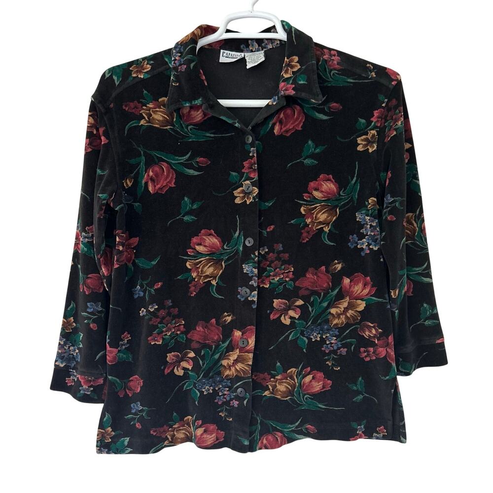 Vintage Capacity Knits Black Floral Velvet Button Up Top whimsigoth emo goth S